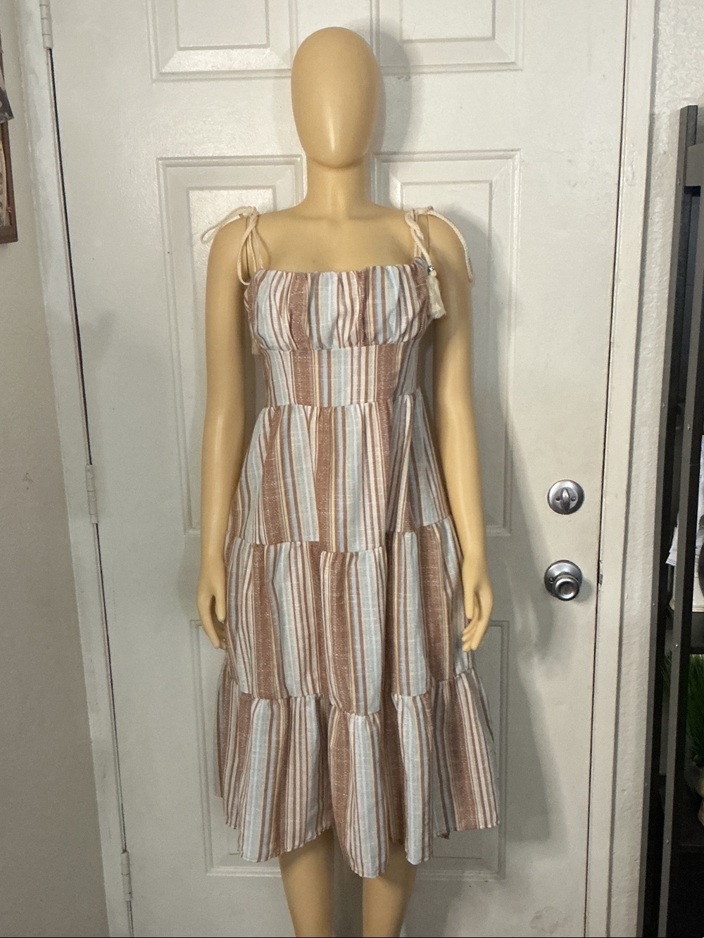SHEIN Striped Tie-Shoulder Tiered Midi Dress in Beige and White